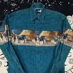 Wrangler Pear Snap Horse Print Long Sleeve Shirt Mens Medium Western Southwest